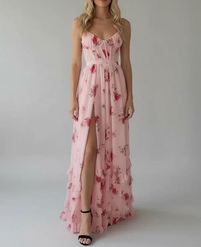 Cleo | Women's Floral Maxi Dress Pink Sweetheart Neckline