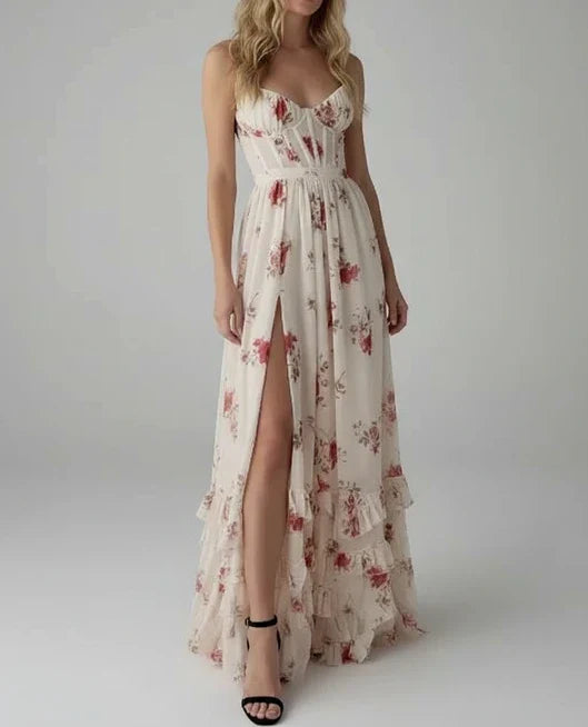 Cleo | Women's Floral Maxi Dress Pink Sweetheart Neckline
