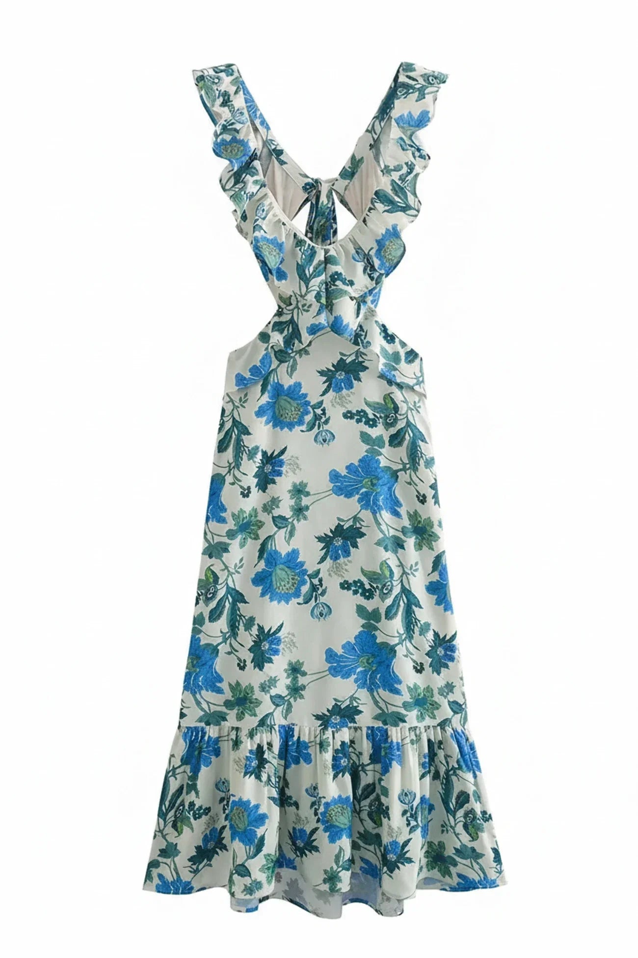 Rosa | Women's Floral Maxi Dress Ruffled Puff Sleeve Cream Blue