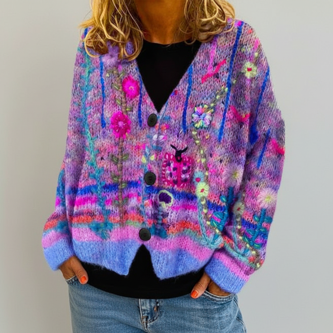 Thea | Women's Floral Knit Cardigan Multicolor V Neck Button