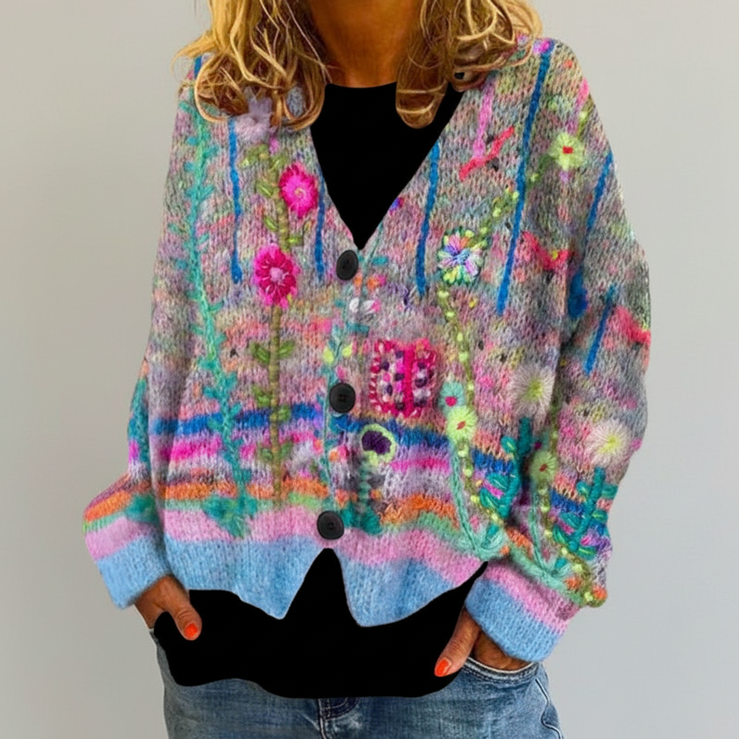 Thea | Women's Floral Knit Cardigan Multicolor V Neck Button