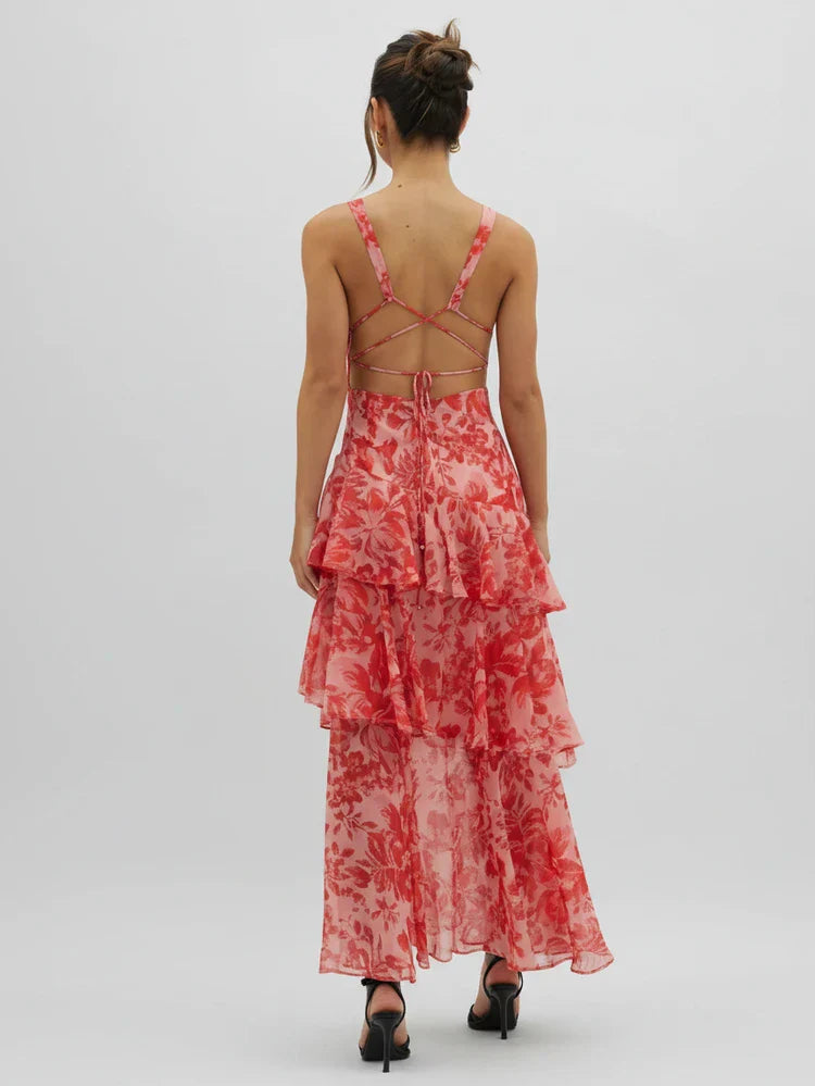 Viola | Women's Floral Maxi Dress Red Tiered Ruffle