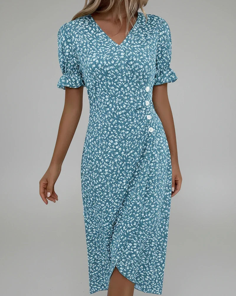Mia | Women's Floral Midi Dress Green Puff Sleeve Wrap