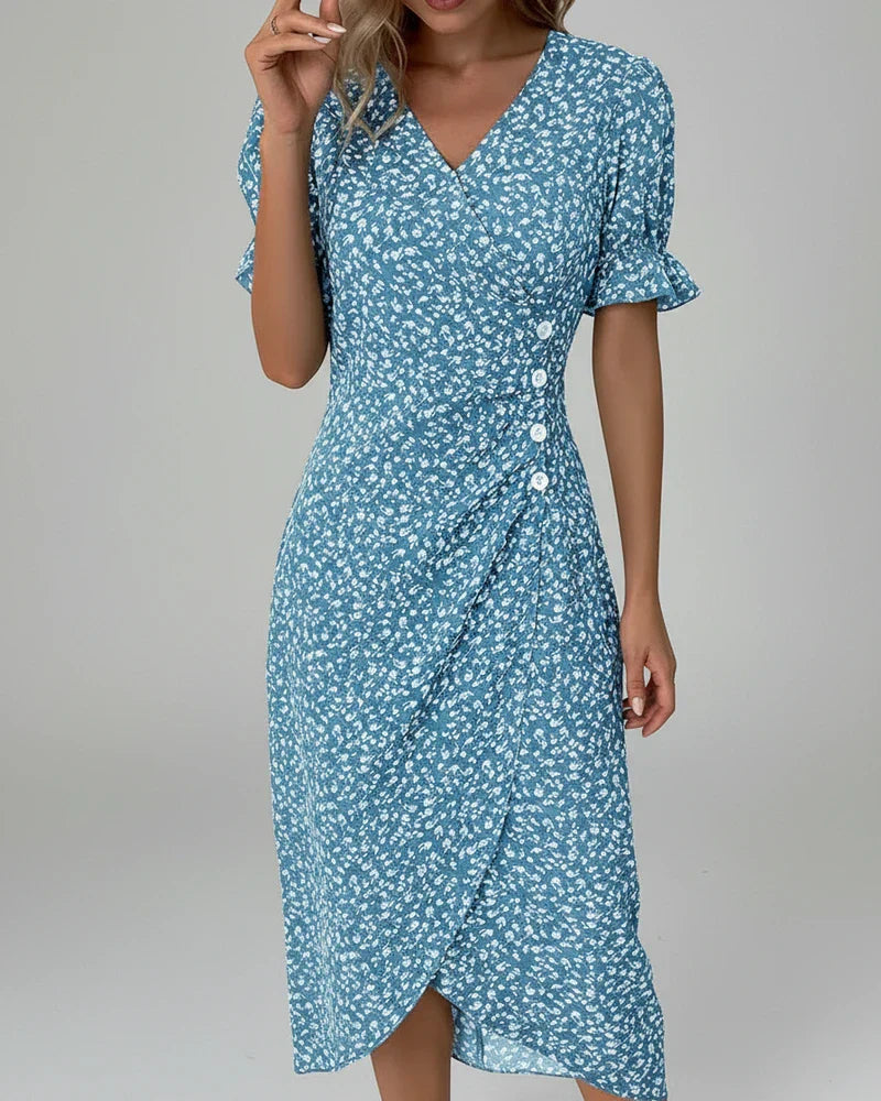 Mia | Women's Floral Midi Dress Green Puff Sleeve Wrap