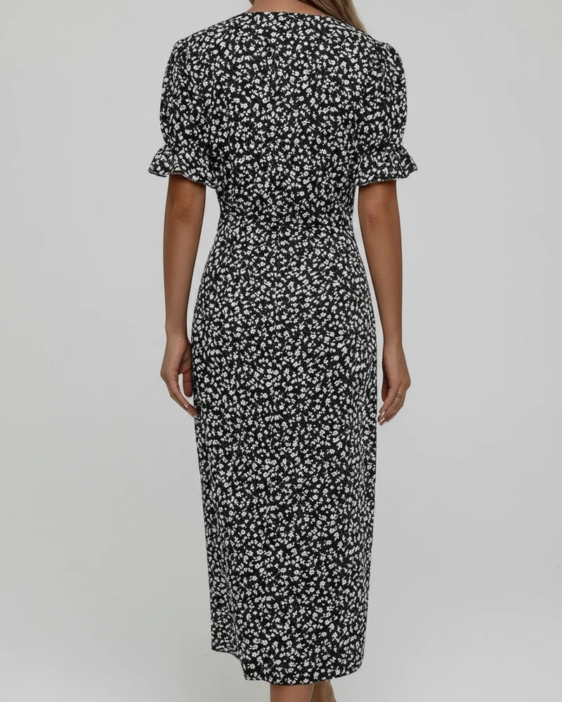 Mia | Women's Floral Midi Dress Green Puff Sleeve Wrap