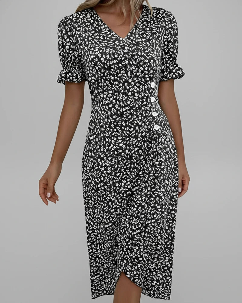 Mia | Women's Floral Midi Dress Green Puff Sleeve Wrap