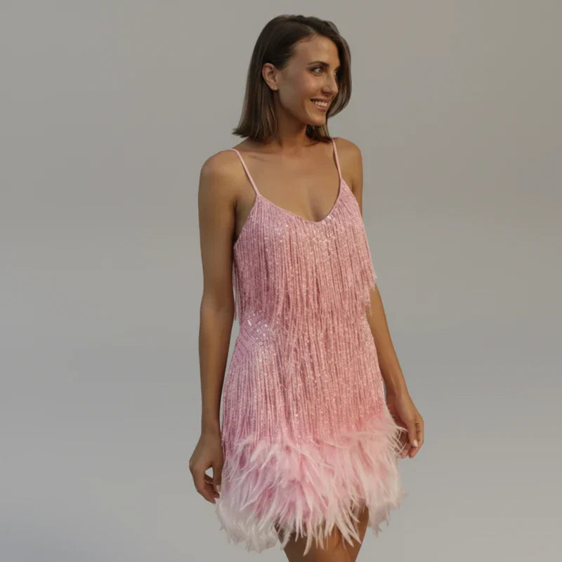 Faye | Women's Sequin Fringe Mini Dress Cream V Neck