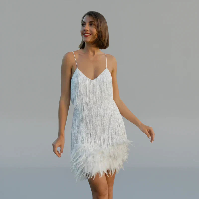 Faye | Women's Sequin Fringe Mini Dress Cream V Neck