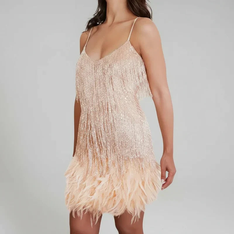 Faye | Women's Sequin Fringe Mini Dress Cream V Neck