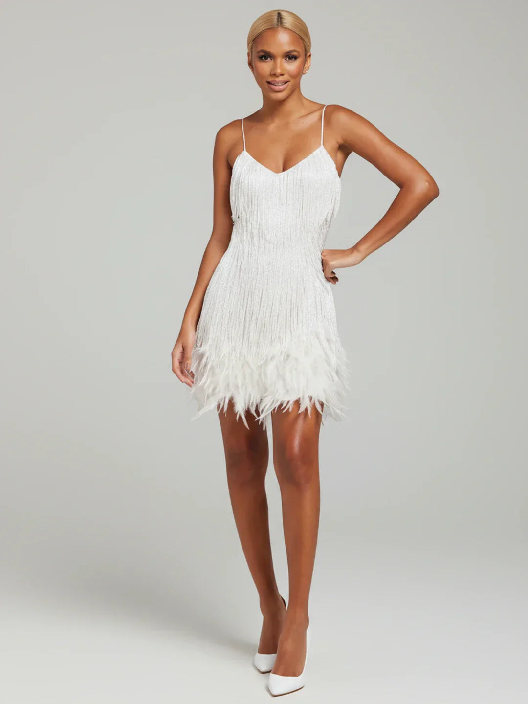 Ada | Women's Fringe Cocktail Dress Mini Cream V Neck