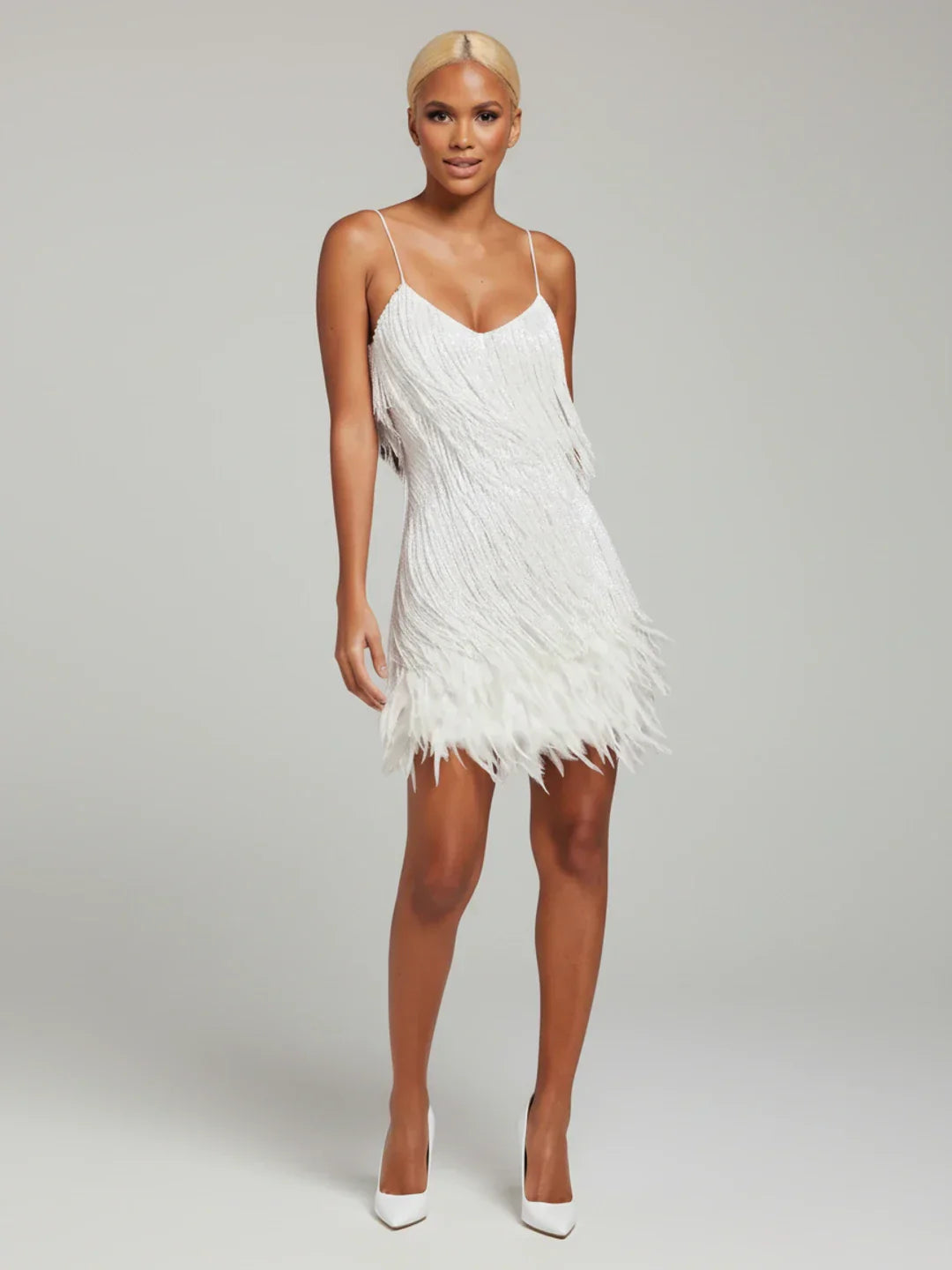 Ada | Women's Fringe Cocktail Dress Mini Cream V Neck