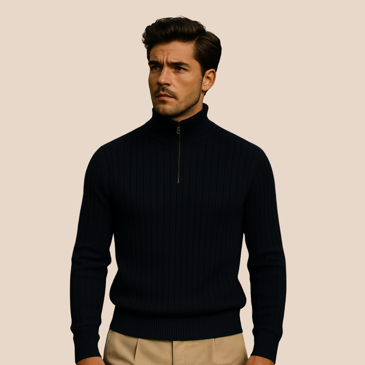 Axel | Men's Quarter Zip Sweater Cream Ribbed Mock Neck