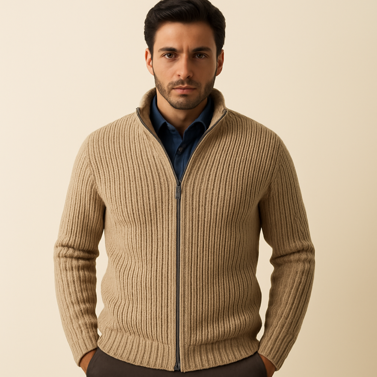 Luisa | Men's Ribbed Zip Up Cardigan Cream Mock Neck