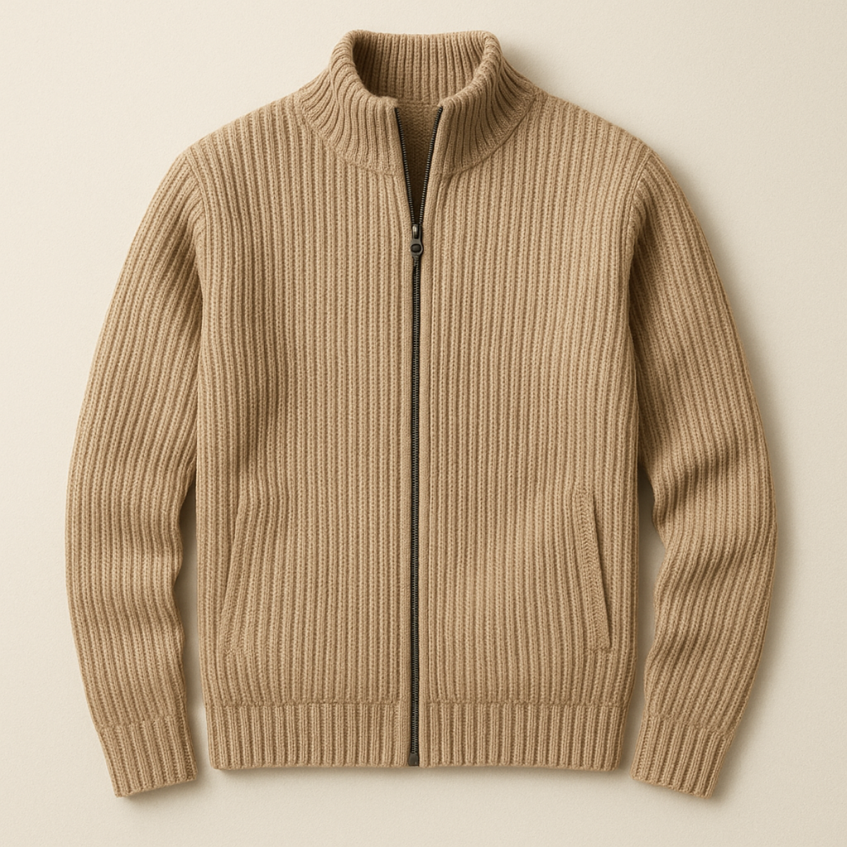 Luisa | Men's Ribbed Zip Up Cardigan Cream Mock Neck