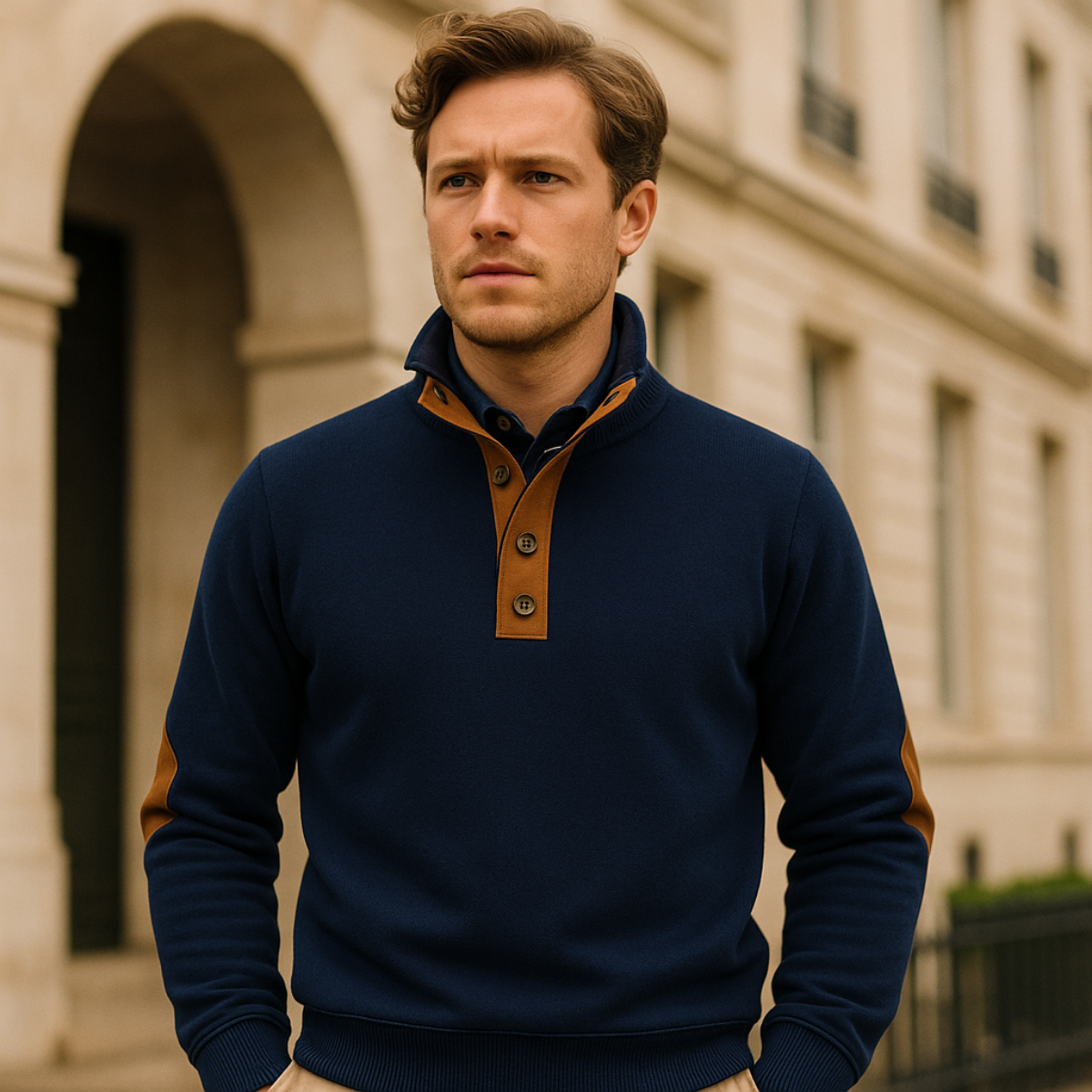Esme | Men's Quarter Zip Sweater Black Elbow Patch
