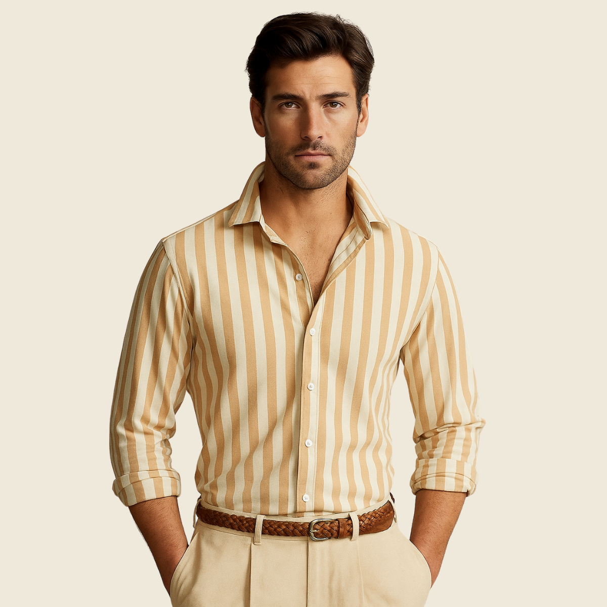 Camille | Men's Striped Linen Shirt Long Sleeve Blue Cream