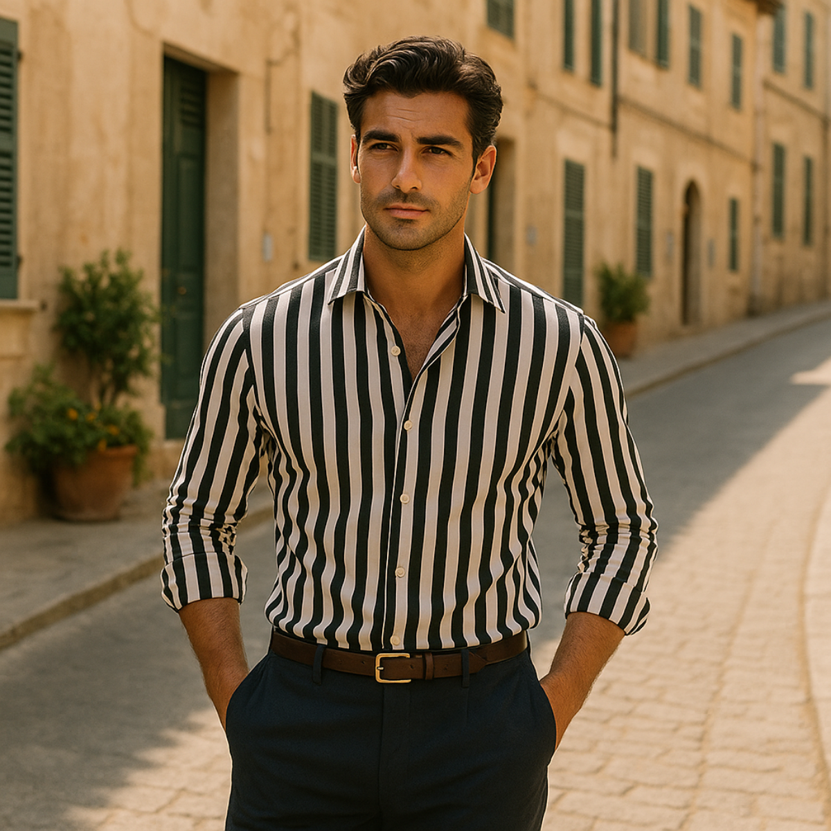 Camille | Men's Striped Linen Shirt Long Sleeve Blue Cream