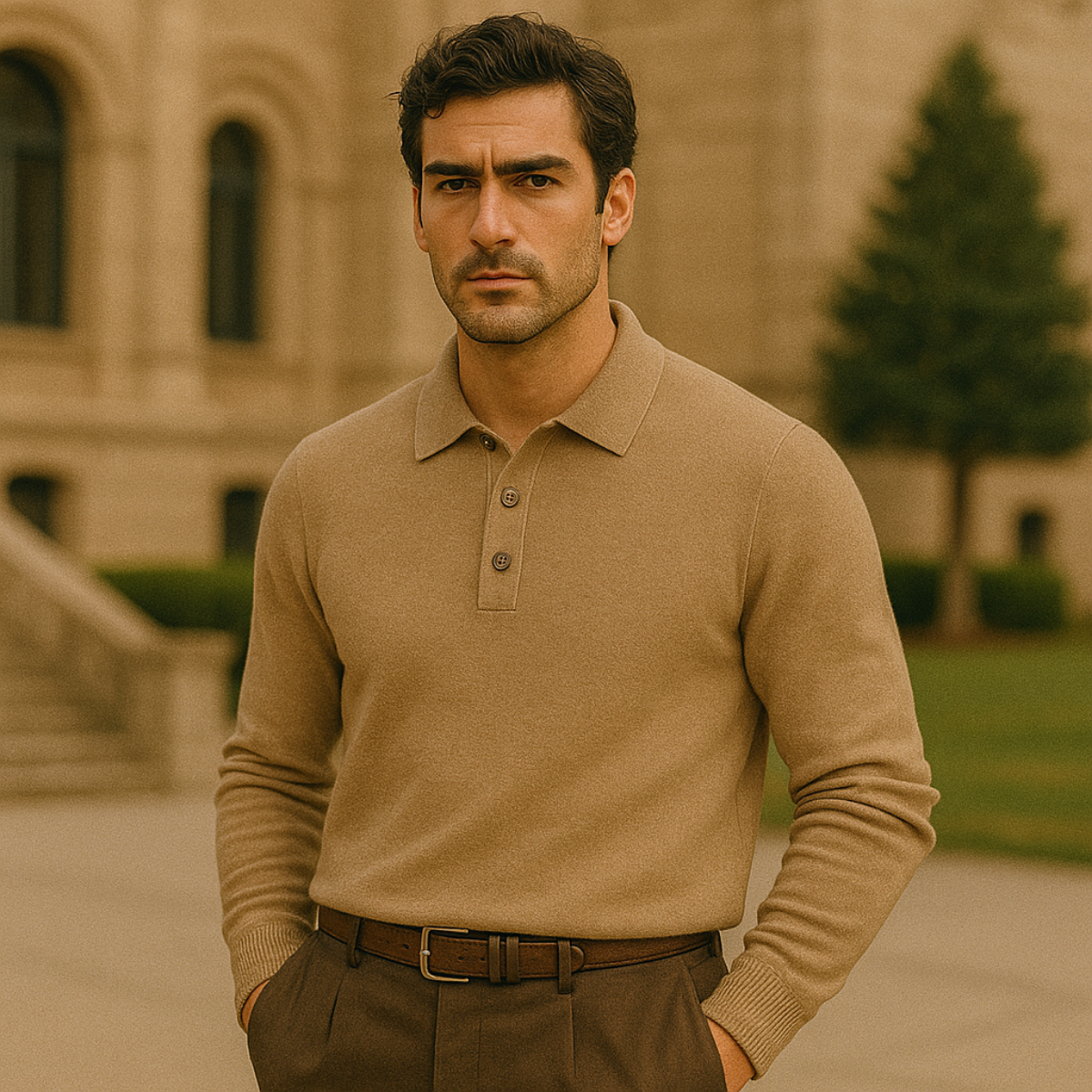 Sable | Men's Knit Polo Sweater Cream Collared