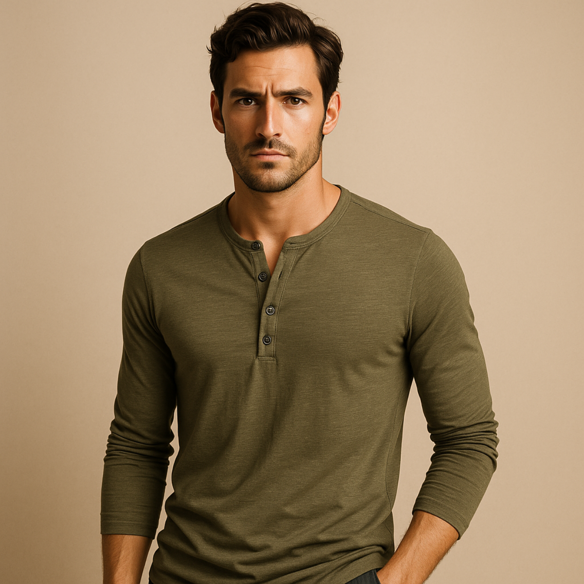 Bram | Men's Long Sleeve Henley Shirt Olive Green Button Placket
