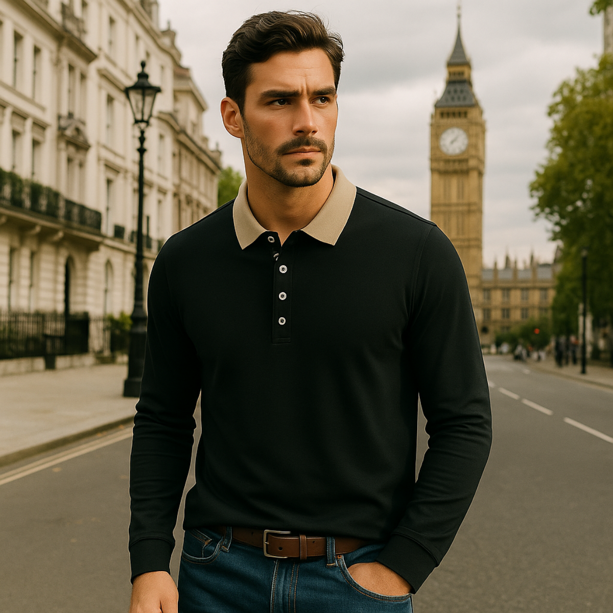 Rowan | Men's Long Sleeve Polo Shirt Black Cream Collar