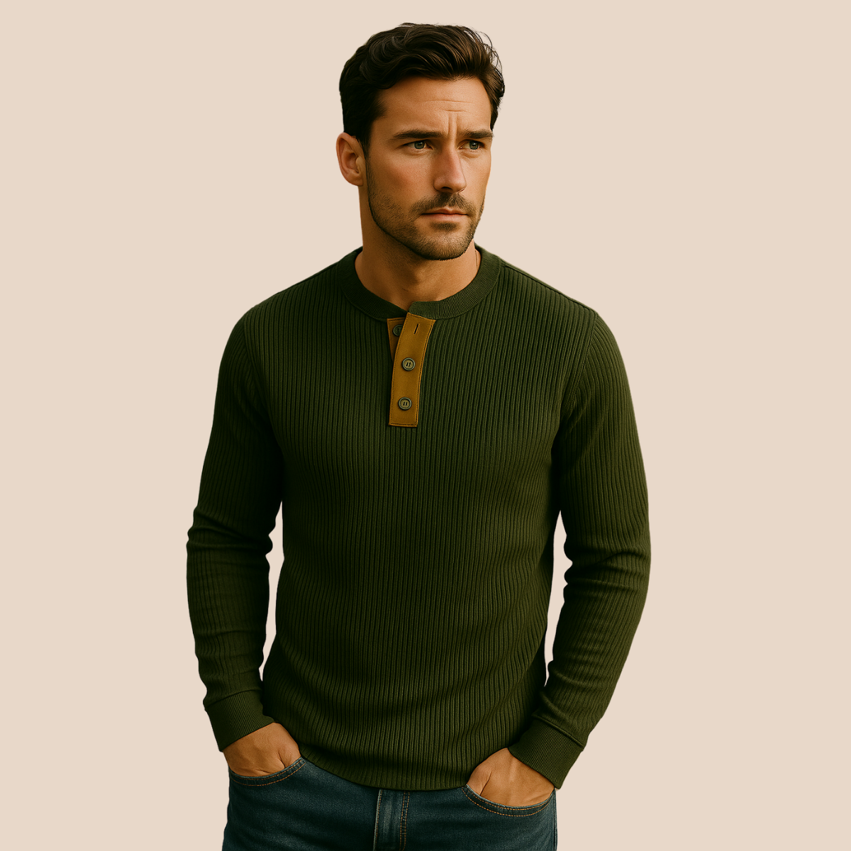 Axel | Men's Ribbed Crew Neck Sweater Cream Henley Button Placket
