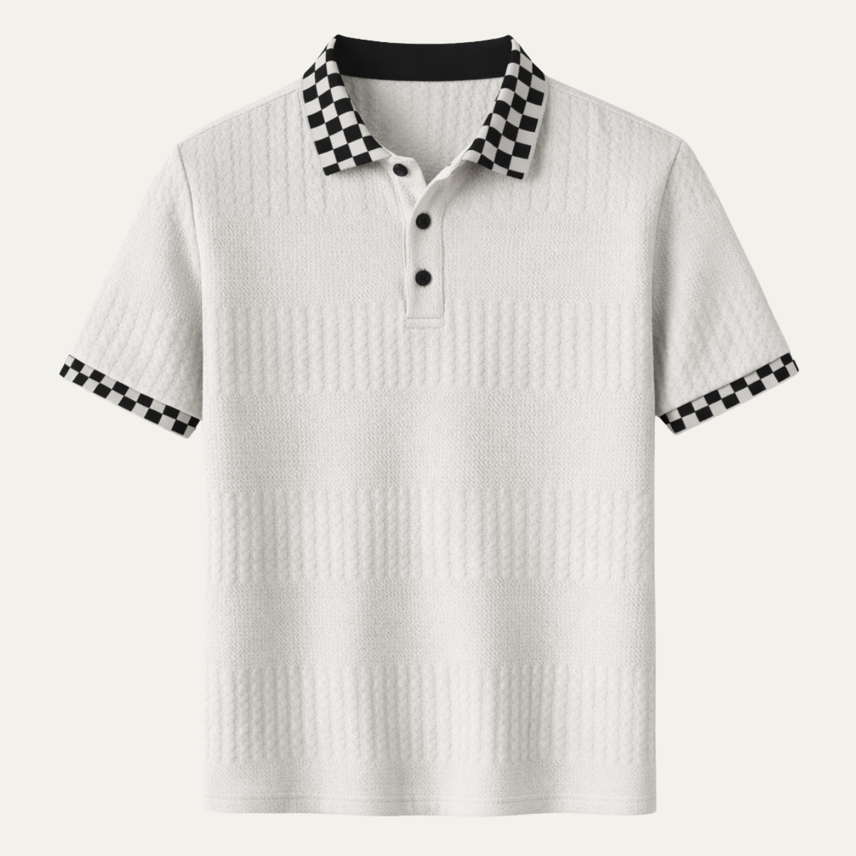 Kai | Men's Textured Knit Polo Shirt Cream Checkered Collar