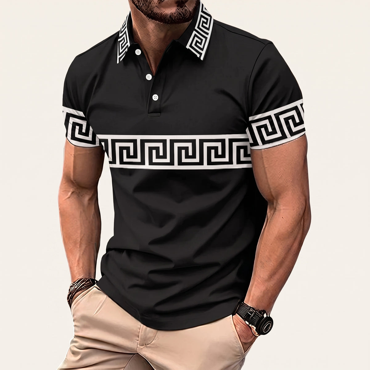 Kai | Men's Greek Key Polo Shirt White Long Sleeve