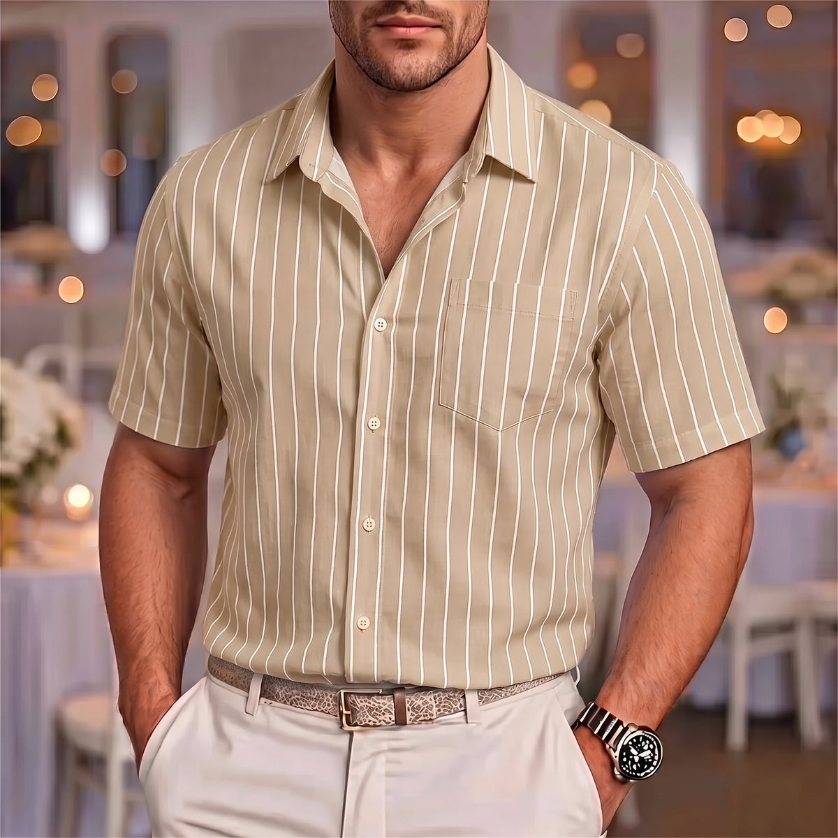 Kai | Men's Pinstripe Short Sleeve Button Up Shirt