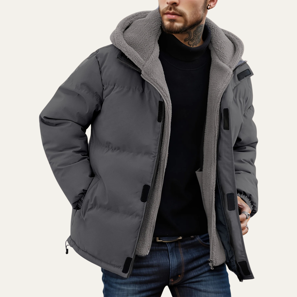 Ezra | Men's Puffer Jacket Dark Gray Sherpa Lined Hooded