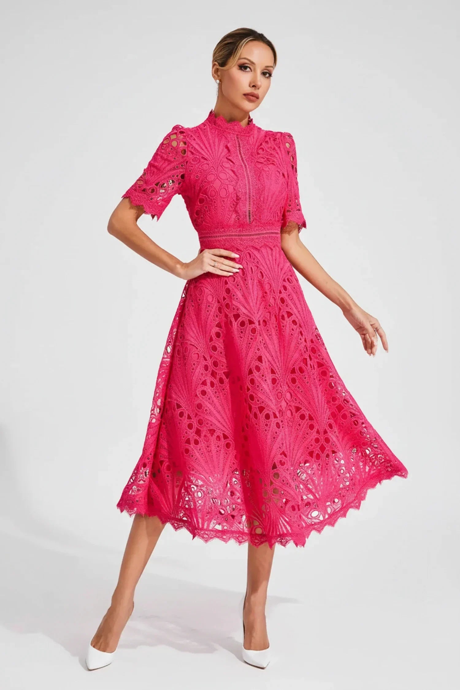 Mia | Women's Lace Midi Dress Puff Sleeve Pink