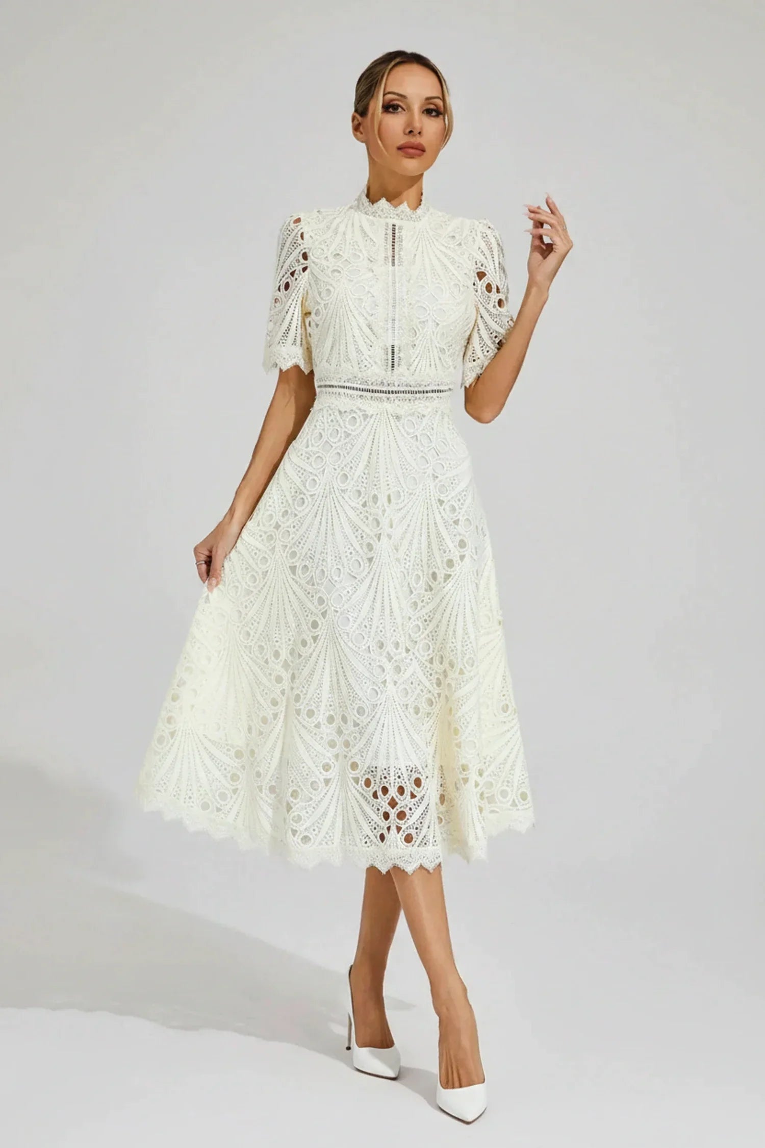 Mia | Women's Lace Midi Dress Puff Sleeve Pink