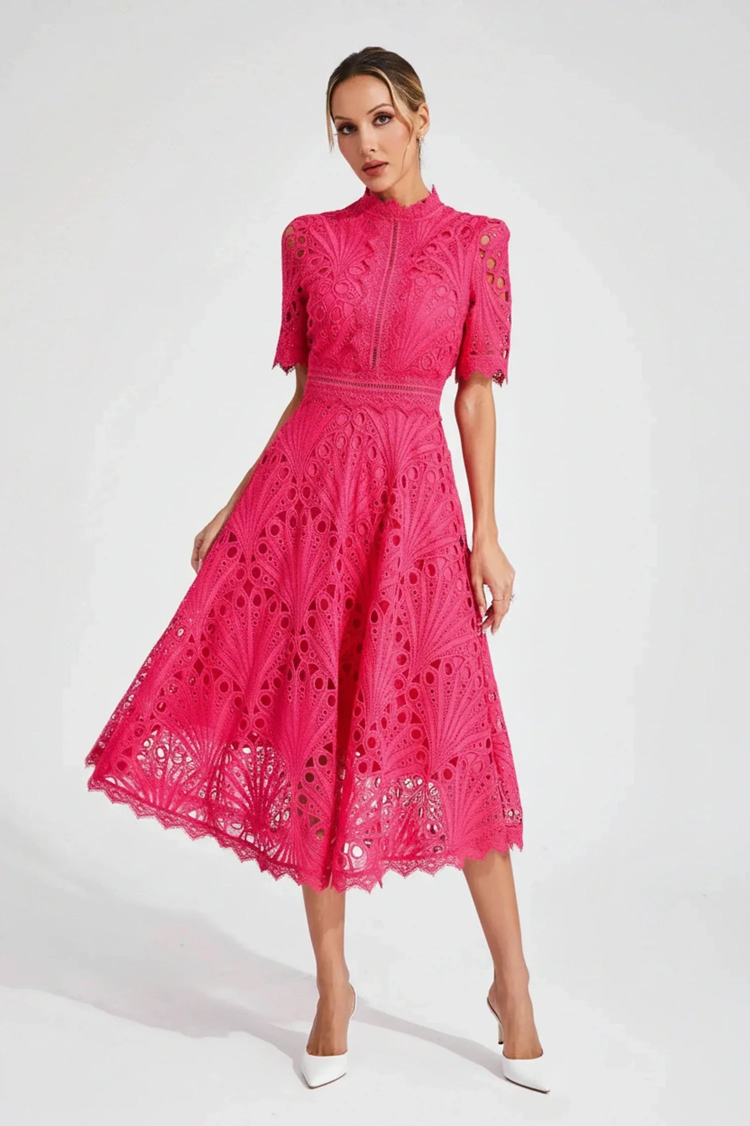 Mia | Women's Lace Midi Dress Puff Sleeve Pink