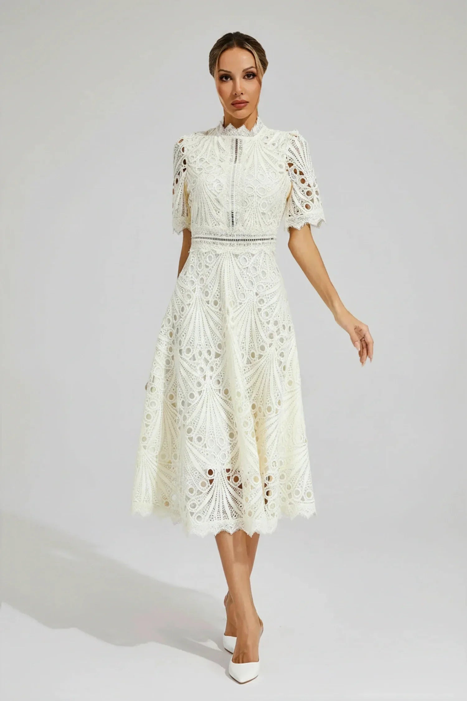 Mia | Women's Lace Midi Dress Puff Sleeve Pink