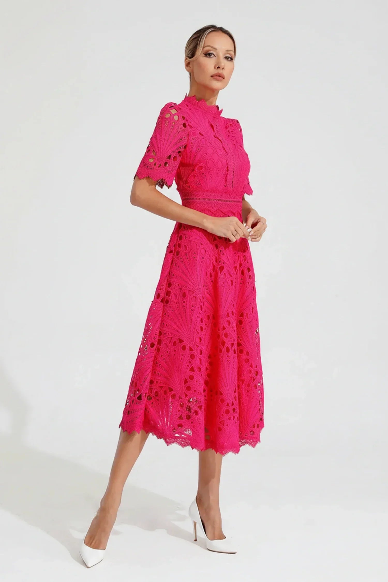 Mia | Women's Lace Midi Dress Puff Sleeve Pink