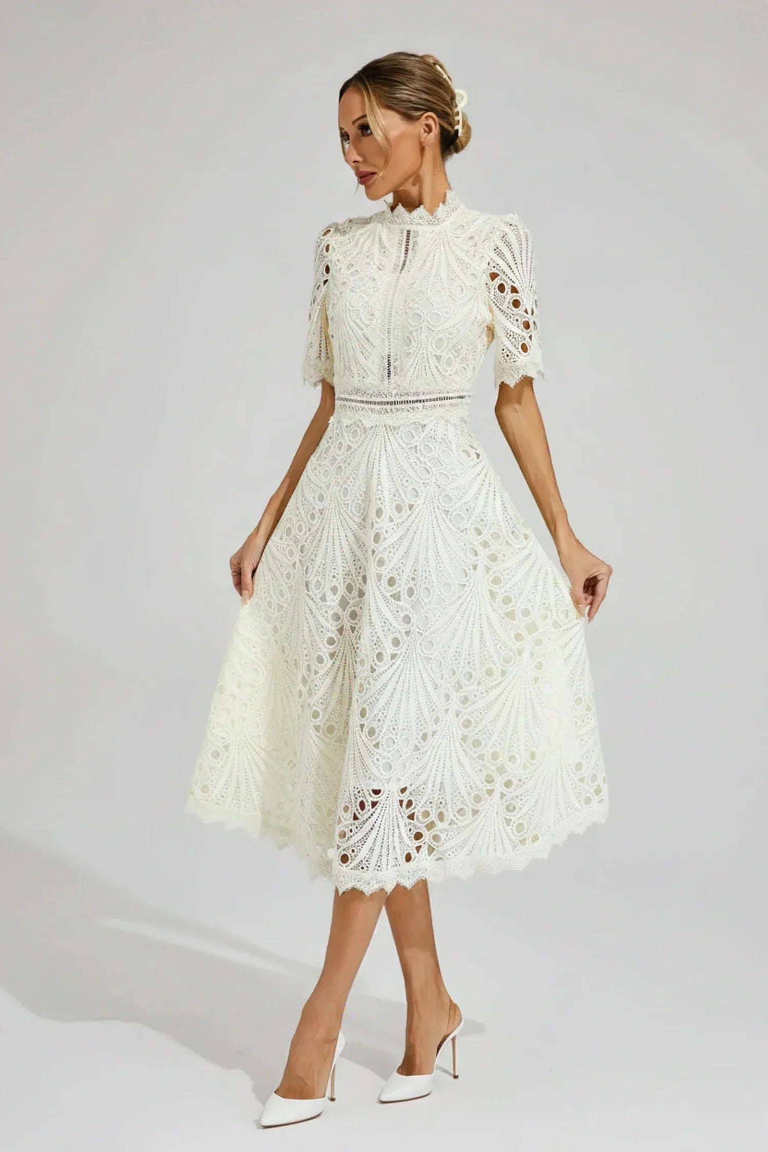 Mia | Women's Lace Midi Dress Puff Sleeve Pink