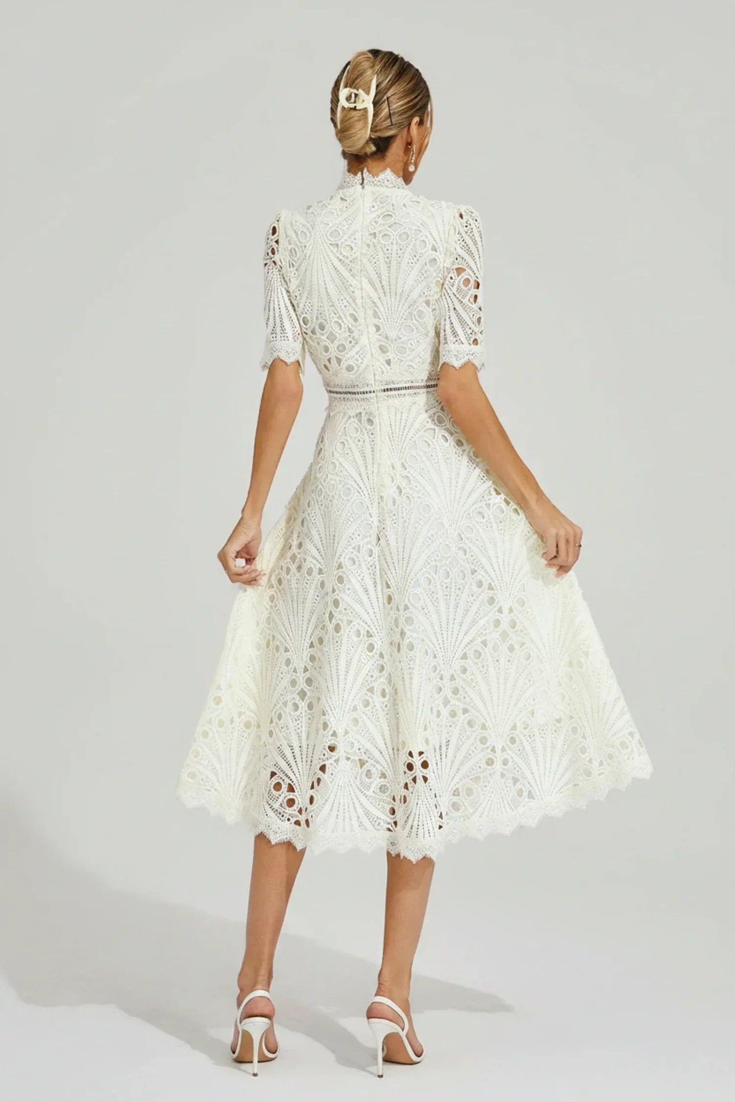 Mia | Women's Lace Midi Dress Puff Sleeve Pink