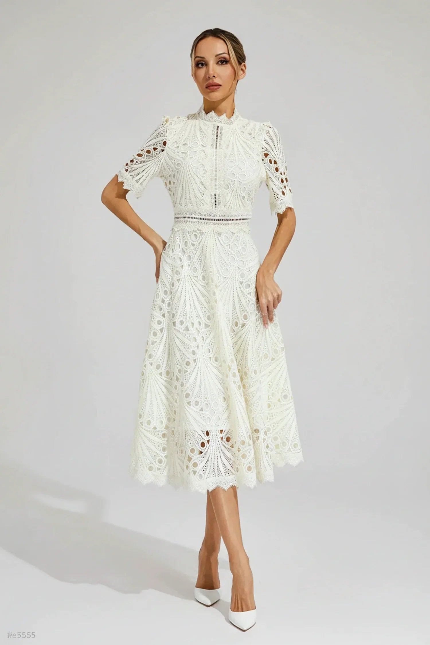 Mia | Women's Lace Midi Dress Puff Sleeve Pink