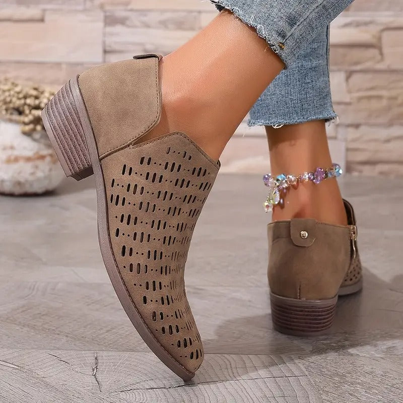 Thea | Women's Perforated Ankle Boots Cream Comfortable Short Heel