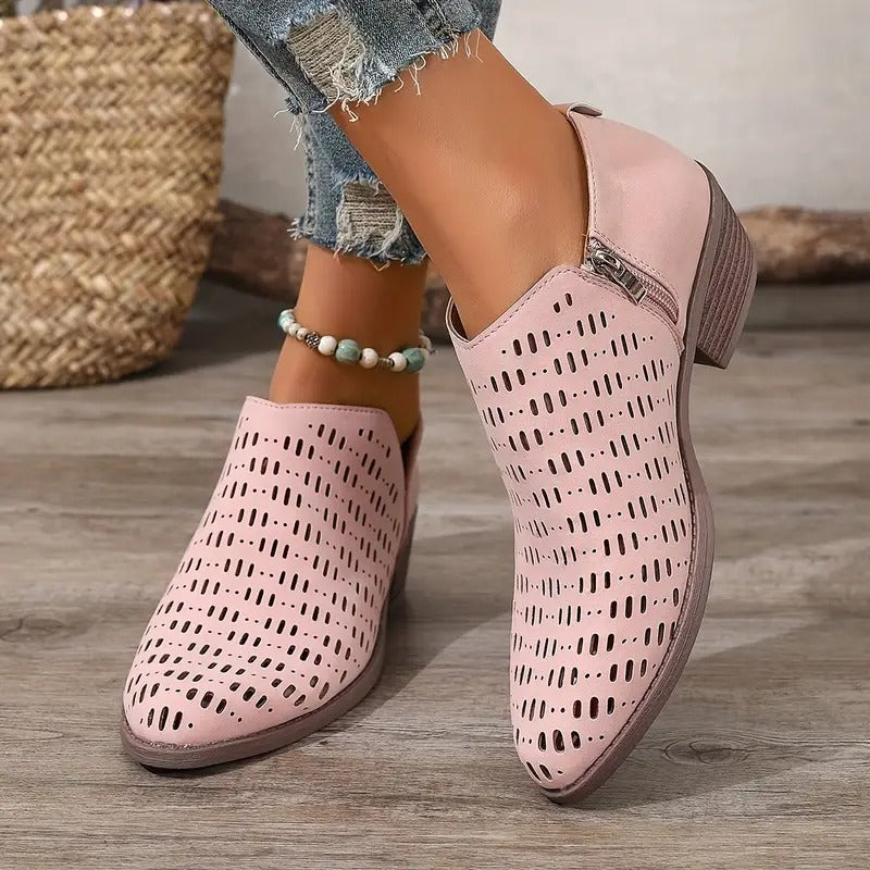 Thea | Women's Perforated Ankle Boots Cream Comfortable Short Heel