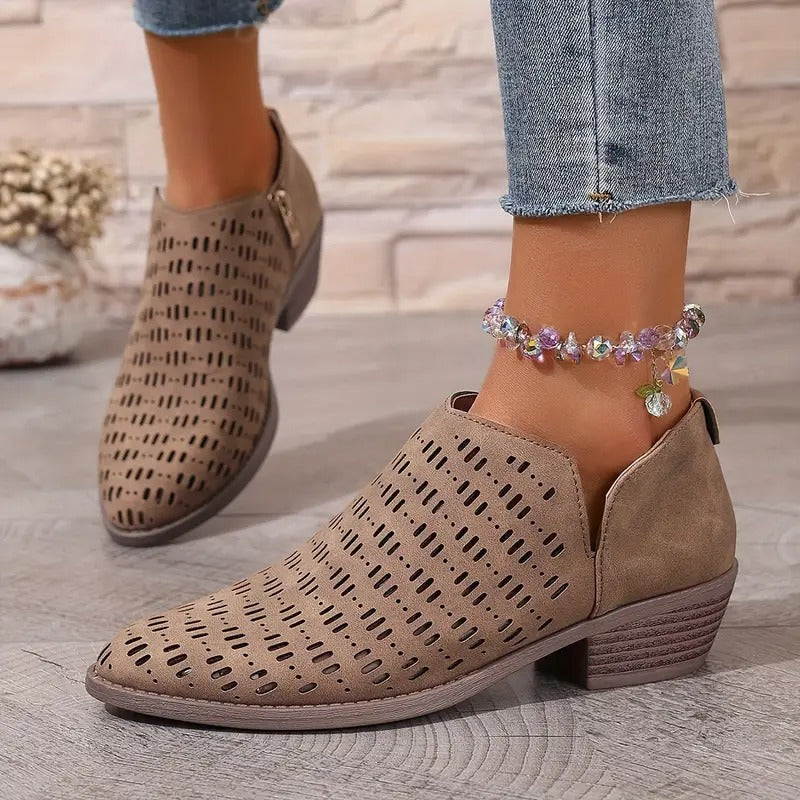 Thea | Women's Perforated Ankle Boots Cream Comfortable Short Heel