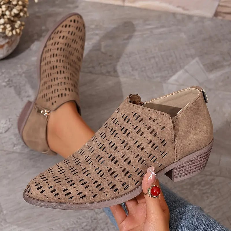 Thea | Women's Perforated Ankle Boots Cream Comfortable Short Heel