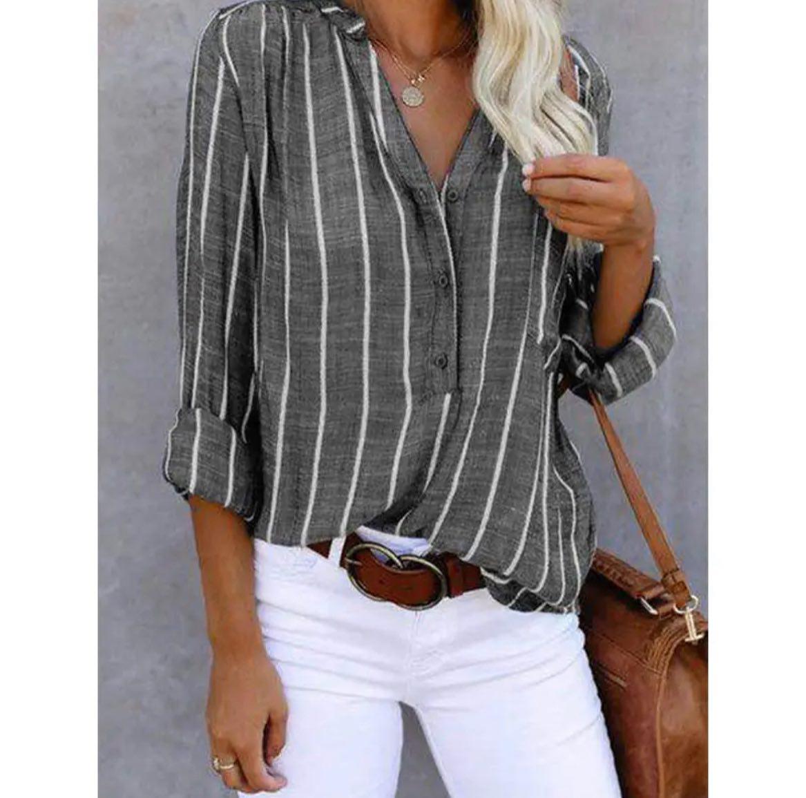 Lola | Women's Striped Button Down Shirt Burgundy Long Sleeve