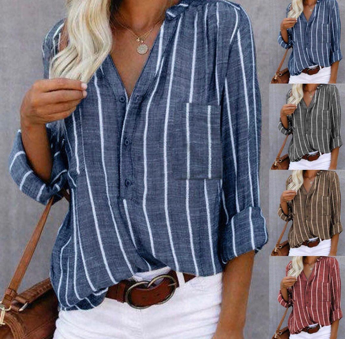Lola | Women's Striped Button Down Shirt Burgundy Long Sleeve