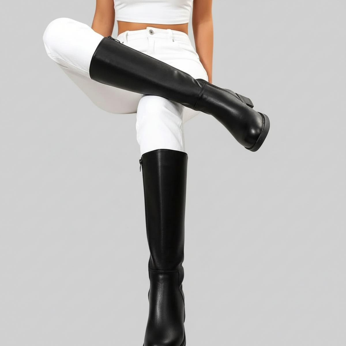 Nola | Women's Black Knee High Boots Chunky Heel