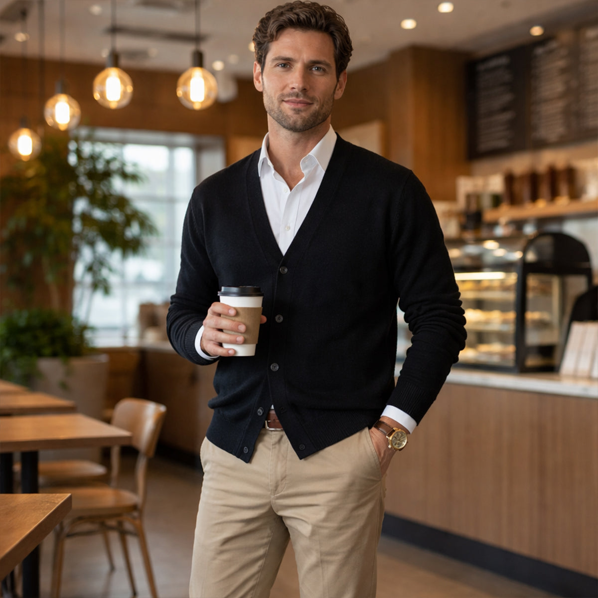 Jude | Men's Cashmere Cardigan Taupe V Neck Button Front