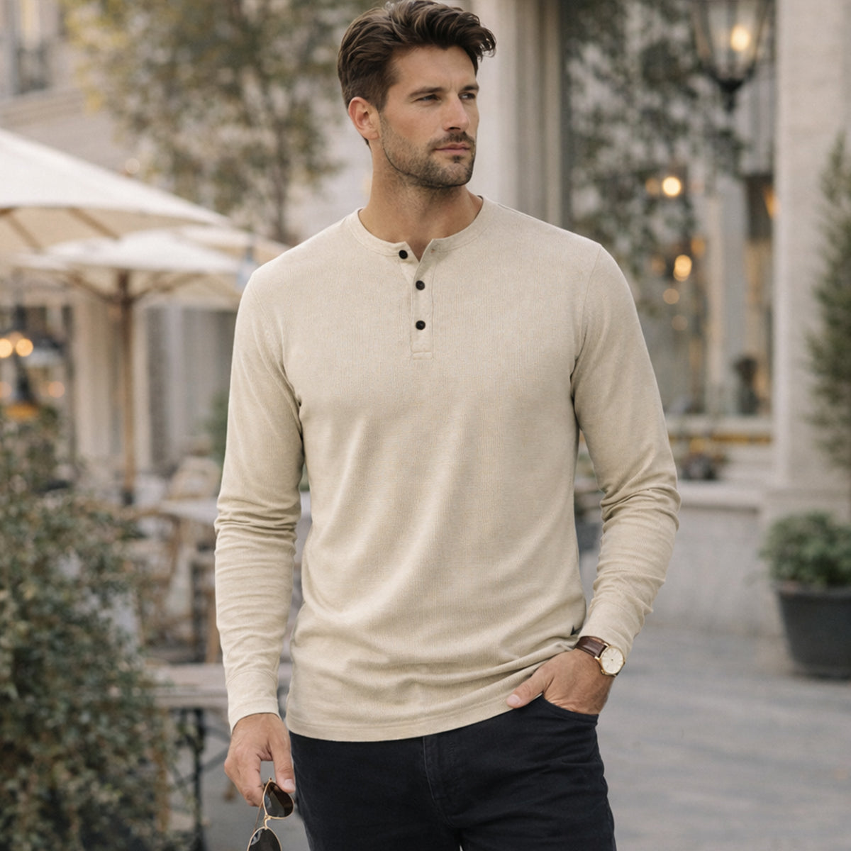 Beau | Men's Henley Shirt Black Long Sleeve