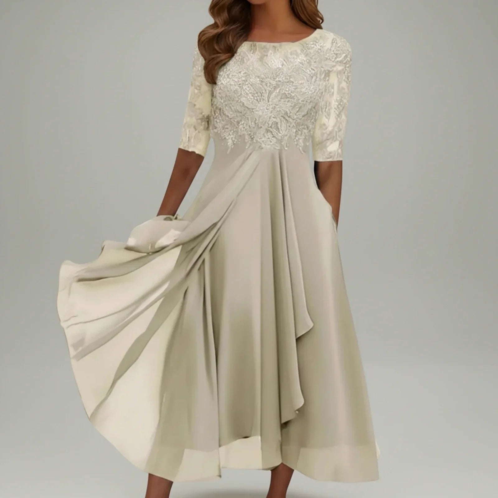 Lena | Women's Lace Chiffon Midi Dress Navy Three Quarter Sleeve