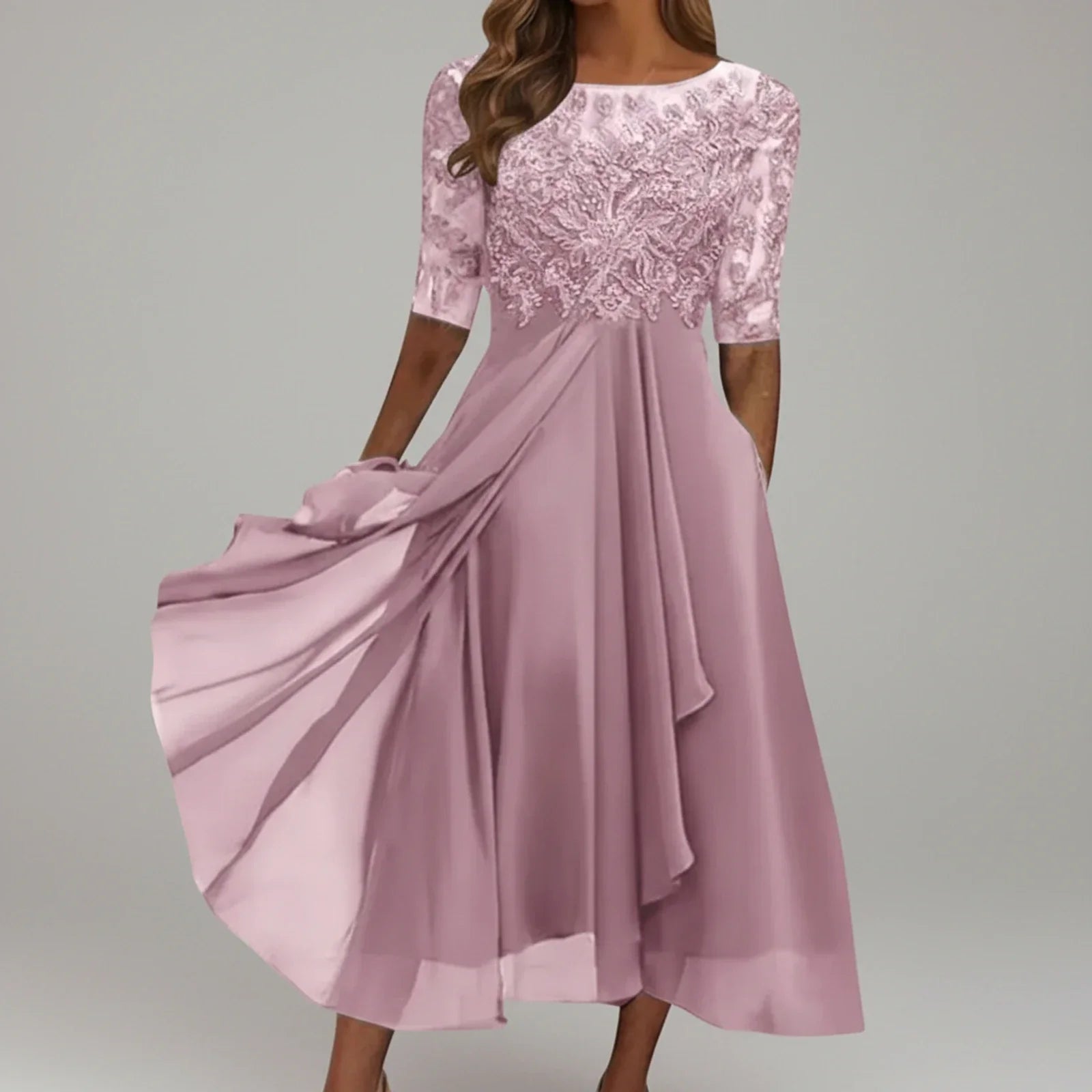 Lena | Women's Lace Chiffon Midi Dress Navy Three Quarter Sleeve