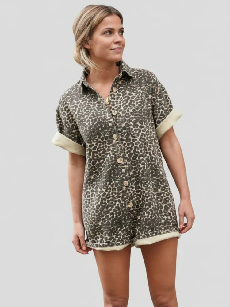 Isla | Women's Leopard Print Shirt Dress Cream Short Sleeve