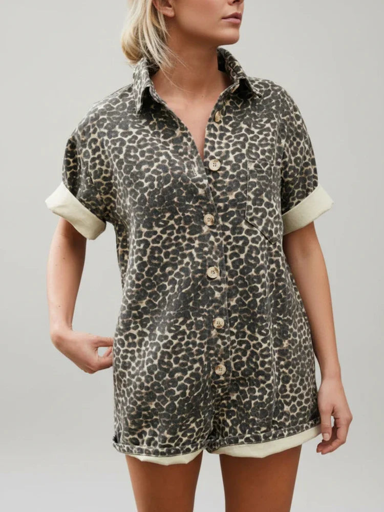 Isla | Women's Leopard Print Shirt Dress Cream Short Sleeve